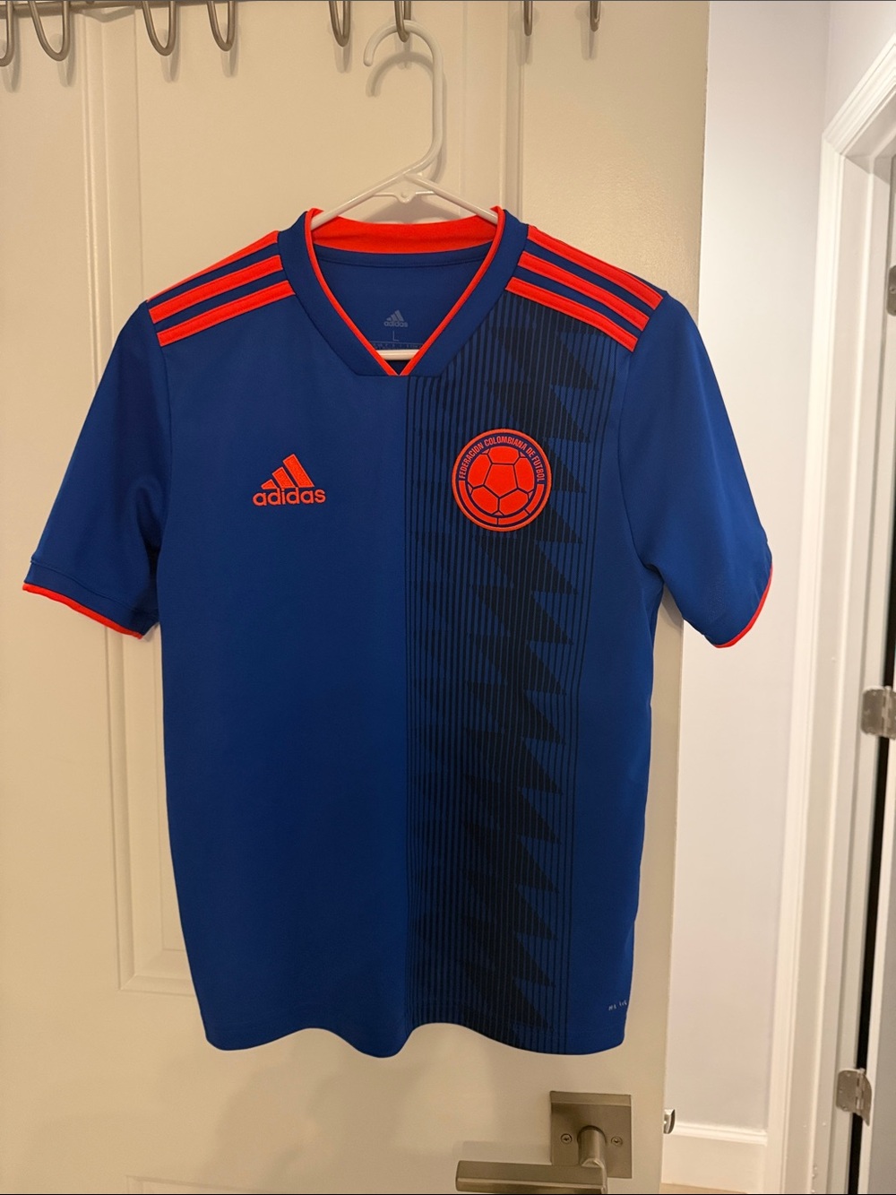 adidas Kids/womens Colombian Blue Soccer Jersey with Red Accents